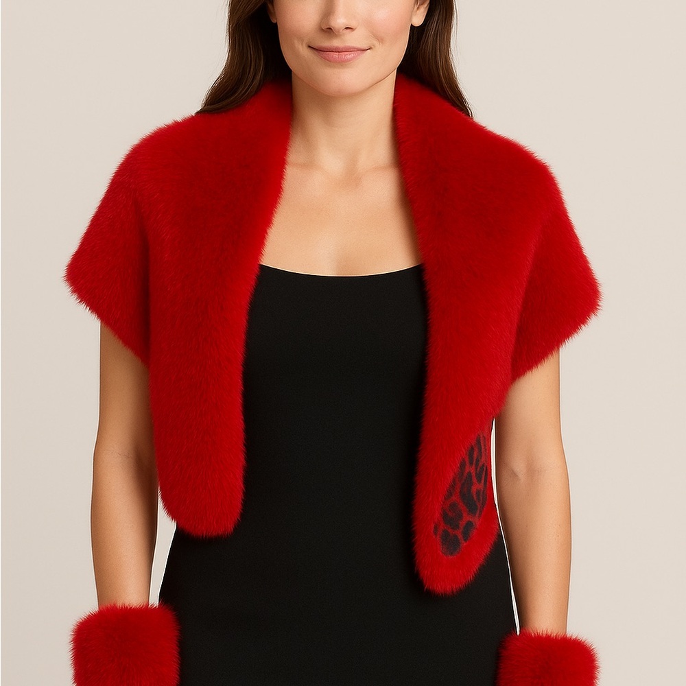 Red Faux Fur Scarf and Faux Fur Cuffs Set